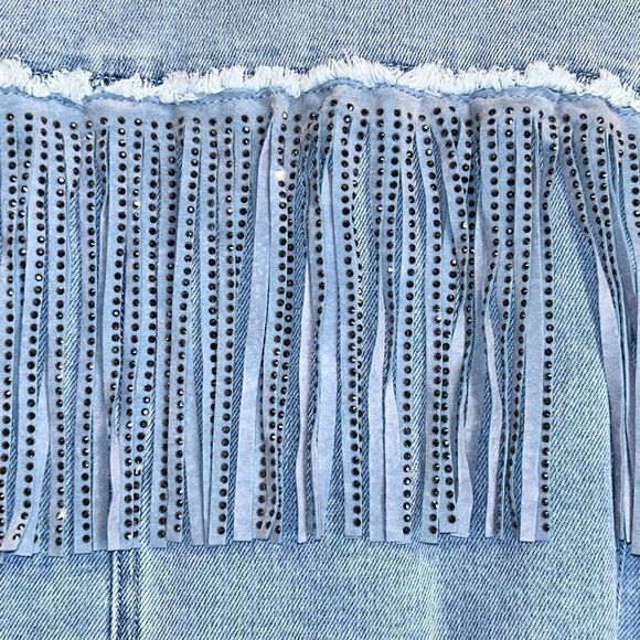 Rock and Roll Denim Light Wash Studded Fringe Denim Jacket - Picture 6 of 12